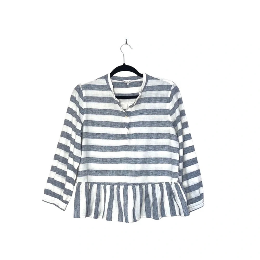 Lucky Brand Light Blue & White Striped Ruffle Hem Peplum Top Medium Women’s